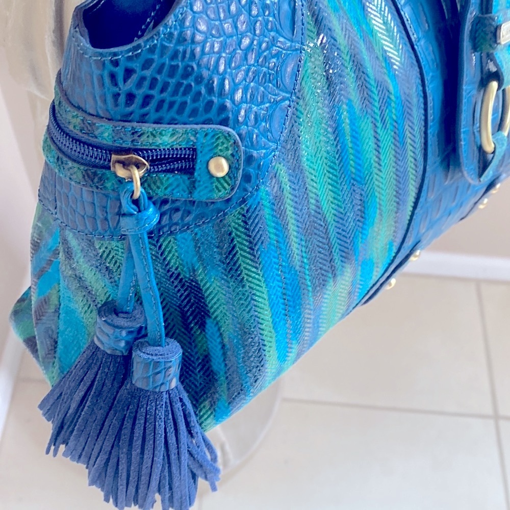 Sharif Green-Blue Croc Style Leather Tassel Satchel Handbag W/Matching Wristlet - Picture 4 of 9